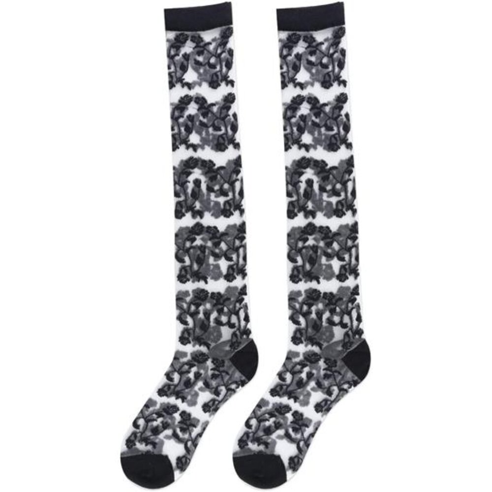 Sheer Knee High Socks Black flowers Stockings Nylon - Picture 7 of 7